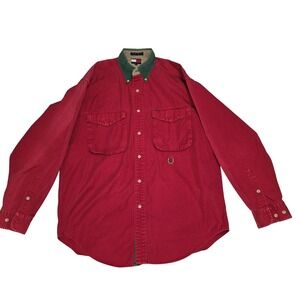 VTG 1990s Tommy Hilfiger Red Button Down Shirt Green Collar Men M/M CREST FLAWS